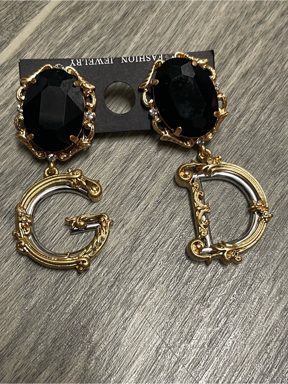 Gold-Tone Black Stone G and D Drop Earrings - Fashion Jewelry